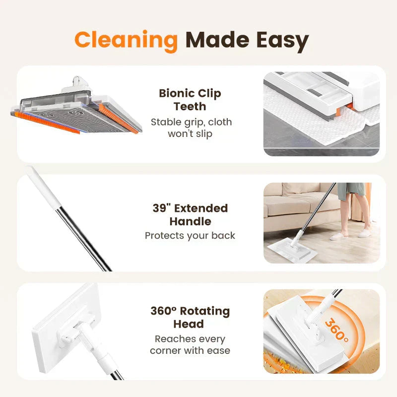 🏆Flat Mop with Stainless Steel Handle, come with Reusable Washable Mop Cloths