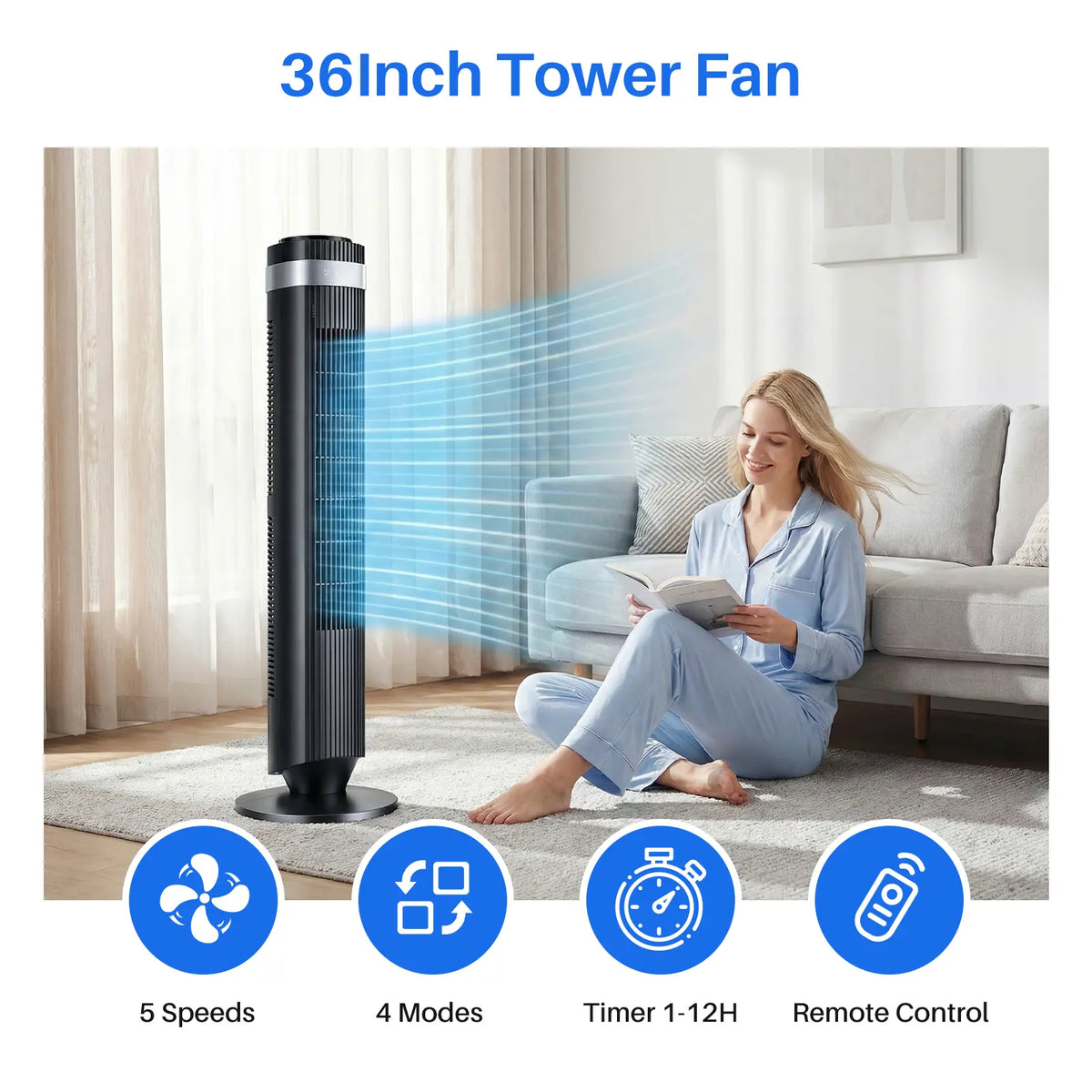 【New】Tower Fan for Bedroom, 28dB Silent Standing Fan with 12H Timer, Smart Auto Mode, 64° Oscillating Bladeless Cooling Fan for Home Office