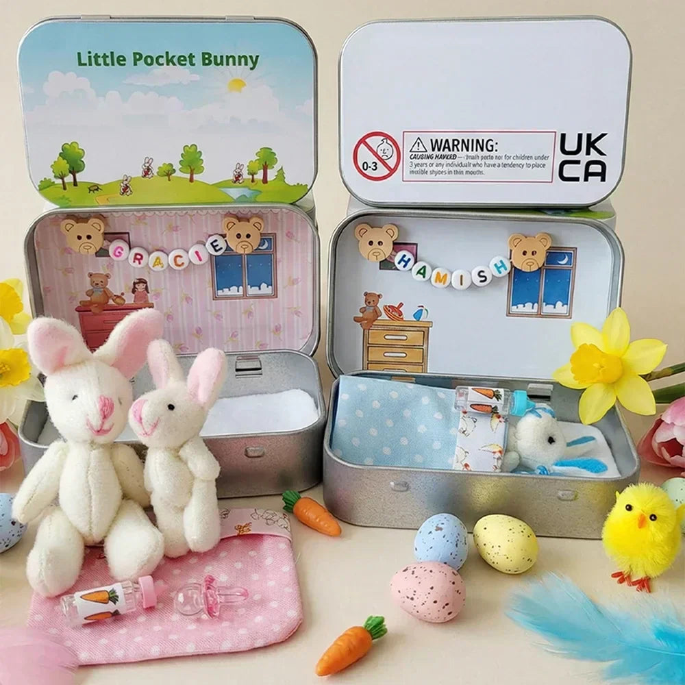 🔥 50% OFF! 🎁 Bunny Mummy & Baby Plush Pocket Tin – Handmade Easter Collectible with Cozy Blanket (Pink/Blue Ears) 🐇🎁