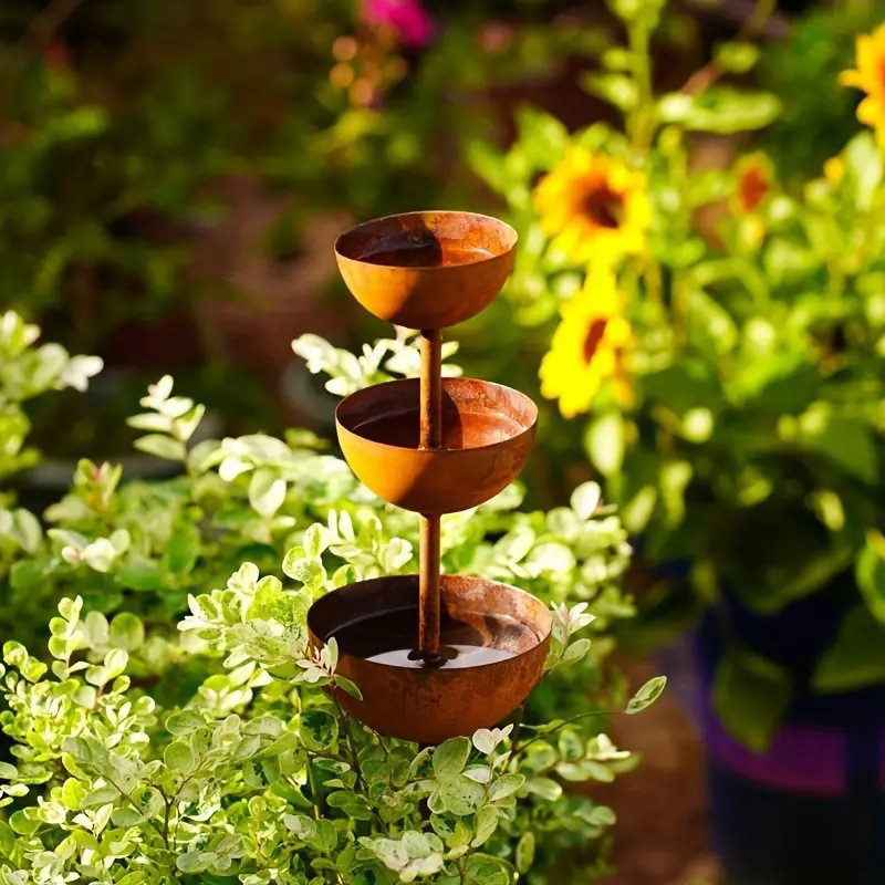 💐3-Tier Rustic Metal Bird Feeder & Drinker Stake