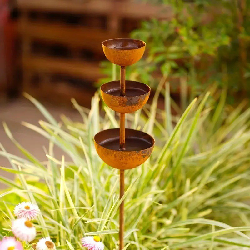💐3-Tier Rustic Metal Bird Feeder & Drinker Stake